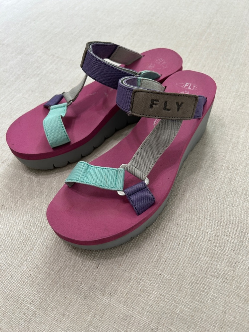 Fly London Yaka Sandals Women’s 37 Pink and Blue Beach Wedge Colorful